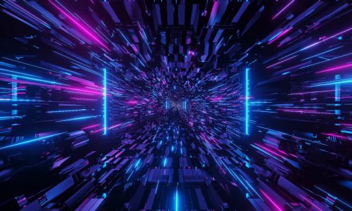 A 3D illustration of blue and purple futuristic sci-fi techno lights-cool background